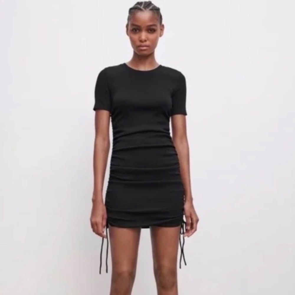 Zara Dress Ruched Ribbed Black